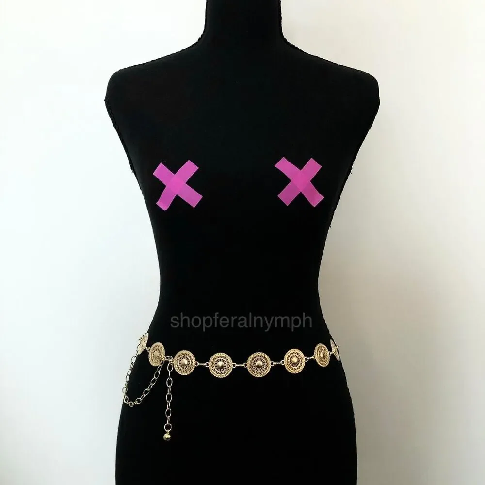 Gold Y2K Round Medallion Indie Body Chain Belt, Fits 24-40 Inches, X7GA1237
